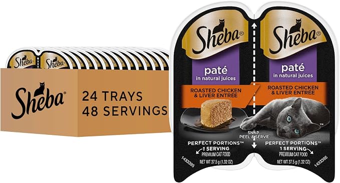 Sheba Perfect Portions Wet Cat Food Pate Roasted Chicken & Liver Entree, 2.6 oz. Twin-Pack Trays, Cat Food Wet Recipe (24 Count, 48 Servings)