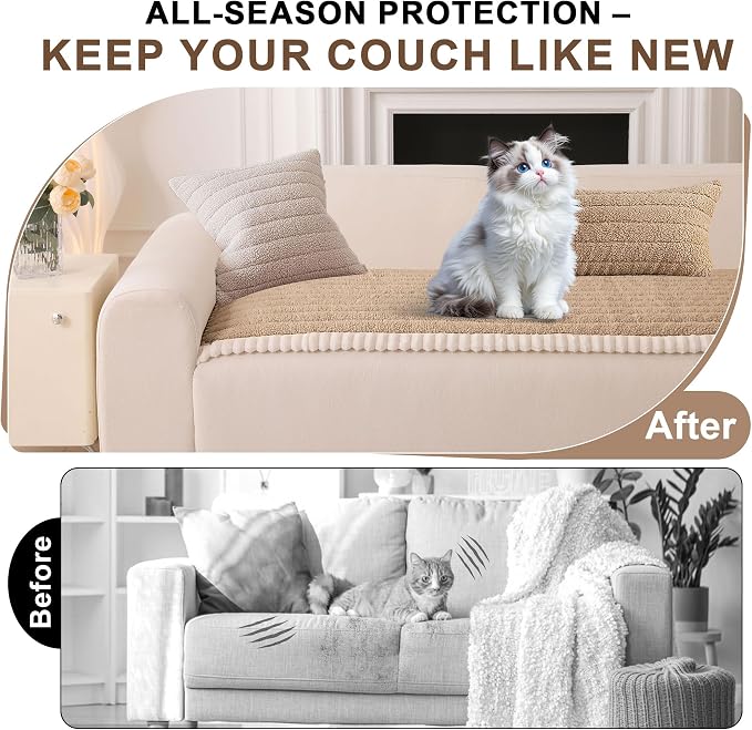 OTOB Couch Covers for Sofa Pet Friendly, Washable & Non Slip Fuzzy Dog Couch Cover Sofa Slipcovers Love Seat, Soft Plush Cozy Furniture Protector Cushion Mat, All Seasons (Khaki, 27.6" x 59.1")