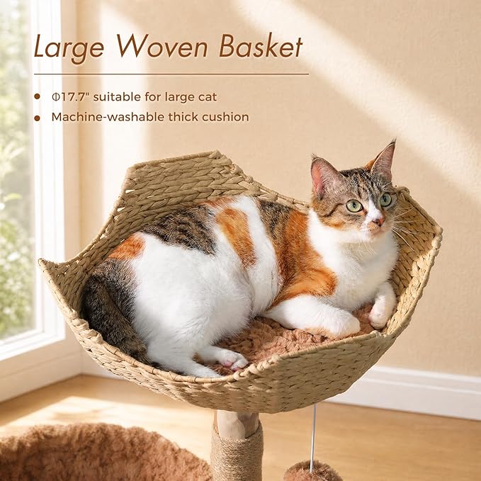 PAWZ Road Modern Cat Tree with Natural Solid Wood Scratching Post, 40 Inches Cat Tower with Large Wicker Basket,Spacious Hammock,Luxury Condo for Indoor Cats，Brown