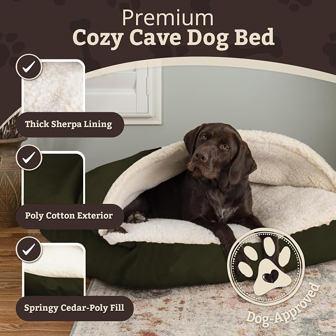 Snoozer Rectangle Cozy Cave Dog Bed - Indoor Dog Bed with Cover Cave, Covered Calming Burrow for Large Sized Pets with Blanket Attached, Enclosed, Washable Cover - XL, Olive