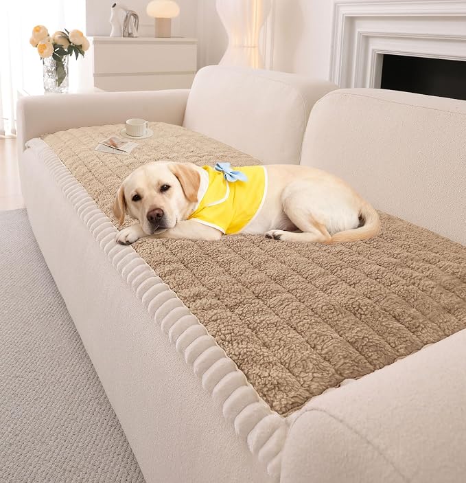 OTOB Couch Covers for Sofa Pet Friendly, Washable & Non Slip Fuzzy Dog Couch Cover Sofa Slipcovers Love Seat, Soft Plush Cozy Furniture Protector Cushion Mat, All Seasons (Khaki, 27.6" x 59.1")