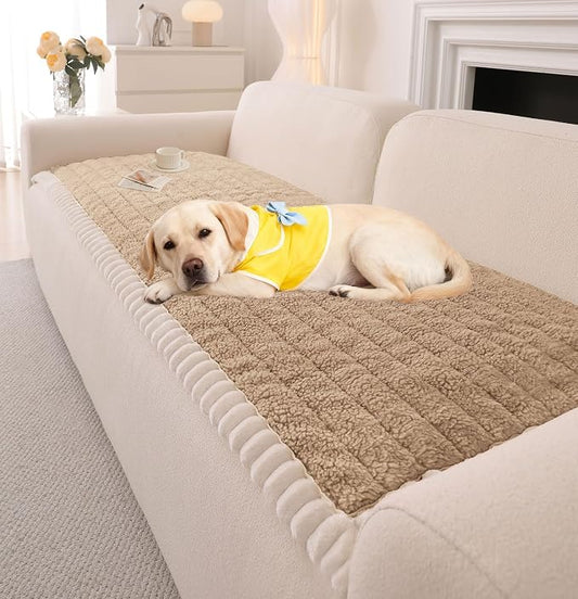 OTOB Sofa Covers for 3 Cushion Couch Washable, All Seasons Fuzzy Non Slip Kids & Pet Friendly Dog Bed Mats Couch Cover, Soft Plush Sofa Slipcovers Furniture Protector (Khaki, 27.6" x 70.9'')