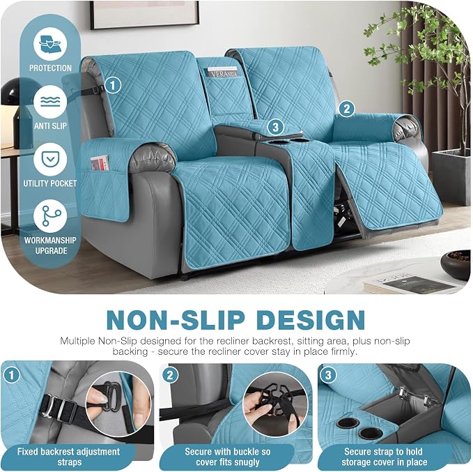 TAOCOCO Loveseat Recliner Cover with Center Console, 100% Waterproof Pet Covers for Dual Recliner with Straps Design, Split Reclining Loveseat Cover Furniture Pet&Kids Protector(2 Seater, Sky Blue)