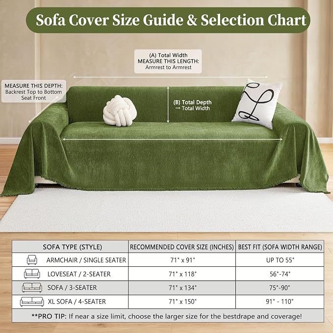 hyha Couch Cover for Dogs, Boho Sofa Covers for 3 Cushion Couch Washable, Chenille Sofa Slipcover for Pets, Soft Loveseat Sectional Couch Throw Blankets with Tassels (Green, 88.5x150 Inch)