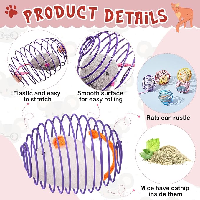 Jecery 5 Pcs Cat Spring Toys Stretchable Rolling Balls Colorful Playful Coils Interactive Action Toy Caged Rats for Kitten Pet Supplies (Catnip Rats,Soft Color)