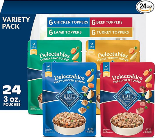 Blue Buffalo Delectables Variety Pack Natural Wet Dog Food Topper (Chicken, Beef, Turkey & Lamb) in Gravy with Natural Ingredients, Vitamins & Minerals, 3-oz. Each (24 Pouches)