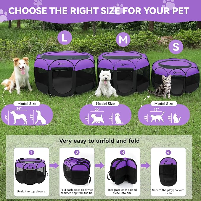 Siedihit Large Dog Playpen, Puppy Pet Playpen Indoor, Dogs Tent Crates Cage Indoor/Outdoor, Portable Pop Up Dog Kennel Playpen with Carrying Case for Dogs/Cats/Rabbits, Purple