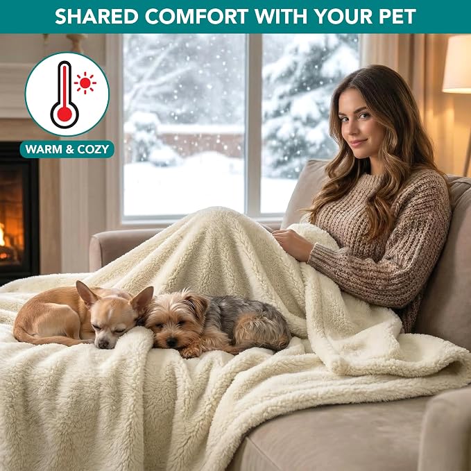 PetAmi Fluffy Waterproof Dog Blanket for Couch and Bed, Reversible Sherpa Pet Throw, Pee Proof Furniture Protector Sofa Cover, Washable Cat Blanket for Small Medium Dogs and Cats (Beige Cream, 29x40)