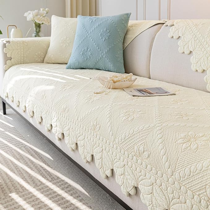Cotton Quilted Dog Couch Cover for Sofa Farmhouse Rustic Embroidery Sectional Couch Cover Soft Anti-Slip Sofa Slipcover Furniture Protector for Kids, Pets (Ivory,43"x94")