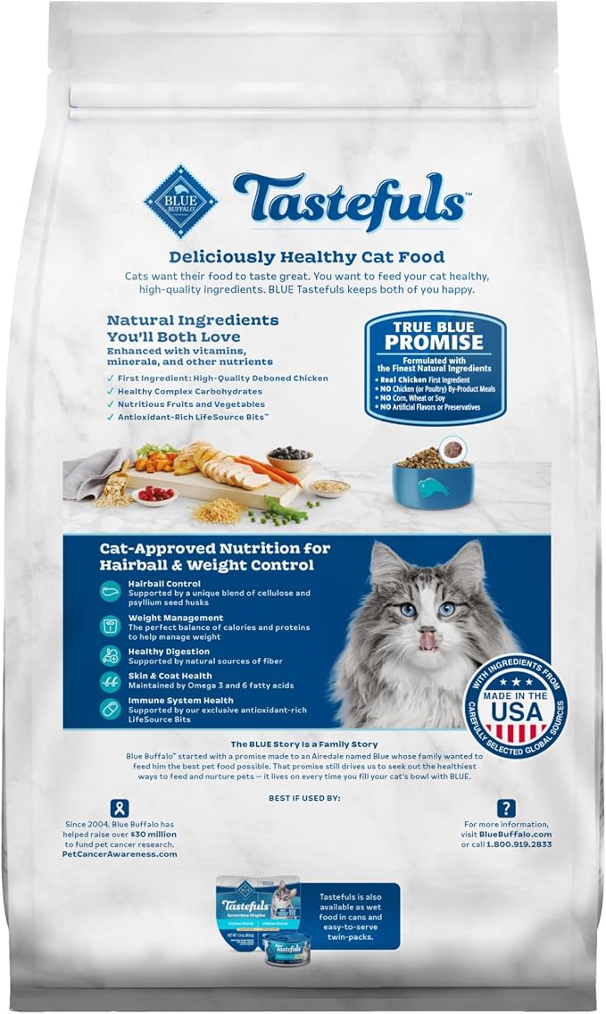 Blue Buffalo Tastefuls Weight & Hairball Control Natural Dry Food for Adult Cats, 3-lb. Resealable Bag