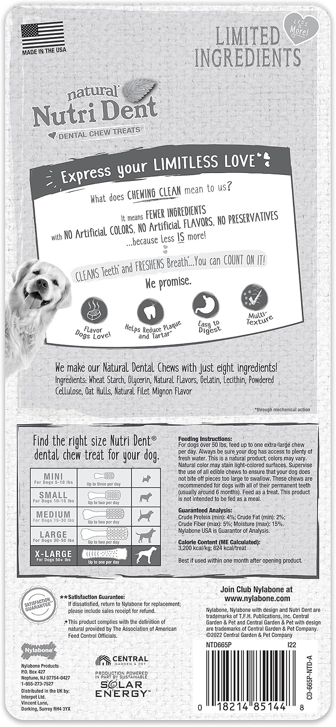 Nylabone Nutri Dent Dog Dental Chews - Natural Dog Teeth Cleaning & Breath Freshener - Dental Treats for Dogs - Filet Mignon Flavor, X-Large (1 Count)
