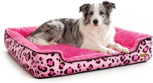 Rectangle Washable Dog Bed for Large, Medium & Small Dogs – Soft Calming Puppy Beds, Durable Warm Pet Sofa with Non-Slip Bottom for Indoor Use.Pink M Size (33.5"x33.5"x7.1")