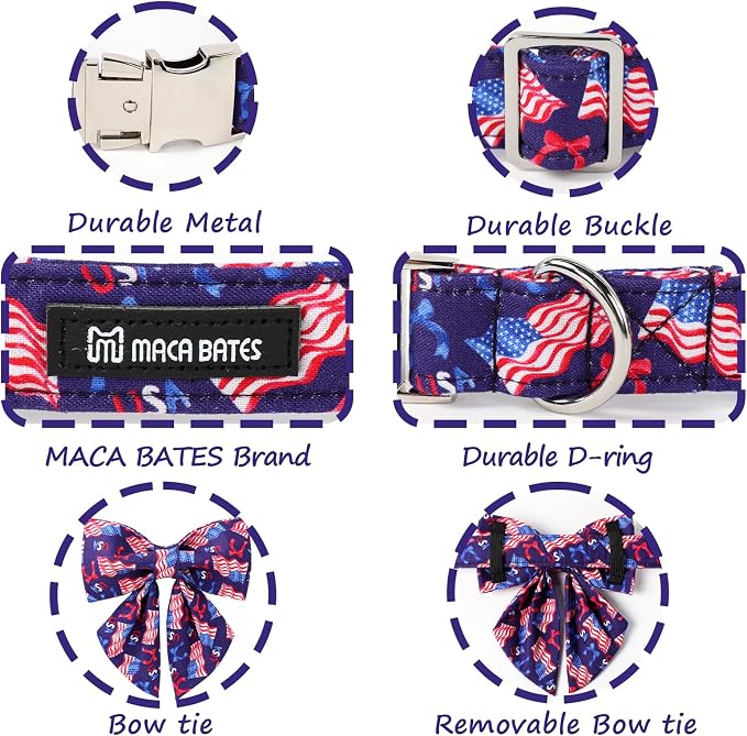 Maca Bates American Flag 4th of July Dog Collar with Sailor Bow 4 of 7 for Dogs Tie Adjustable Durable Flags Patriotic USA Collars Summer Independence Day for Small Medium Large XL Boy Girl Puppy