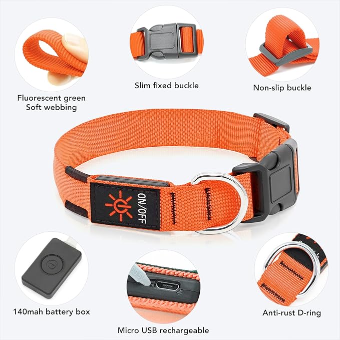 Light Up Dog Collar, Rechargeable USB Collar, Waterproof, Luminous LED Collar, Adjustable, Super Bright, Night Walking for Small Medium Large Dogs, Orange, L