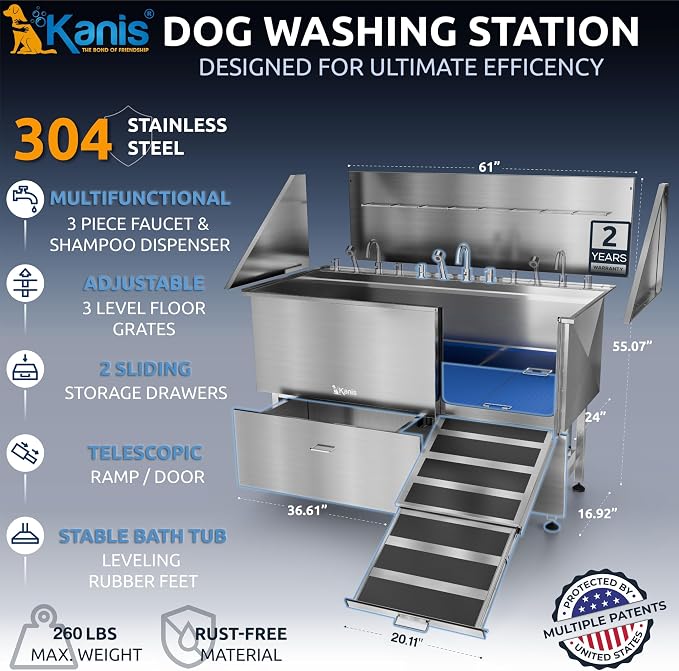 KANIS Professional Dog Washing Station 304 Stainless Steel Pet Wash Sink & Grooming Bathtub w/Shower, Floor Grates and Storage for Large, Medium & Small Pets (Silver, 61 Inches, Right Ramp, 2 Drawers)