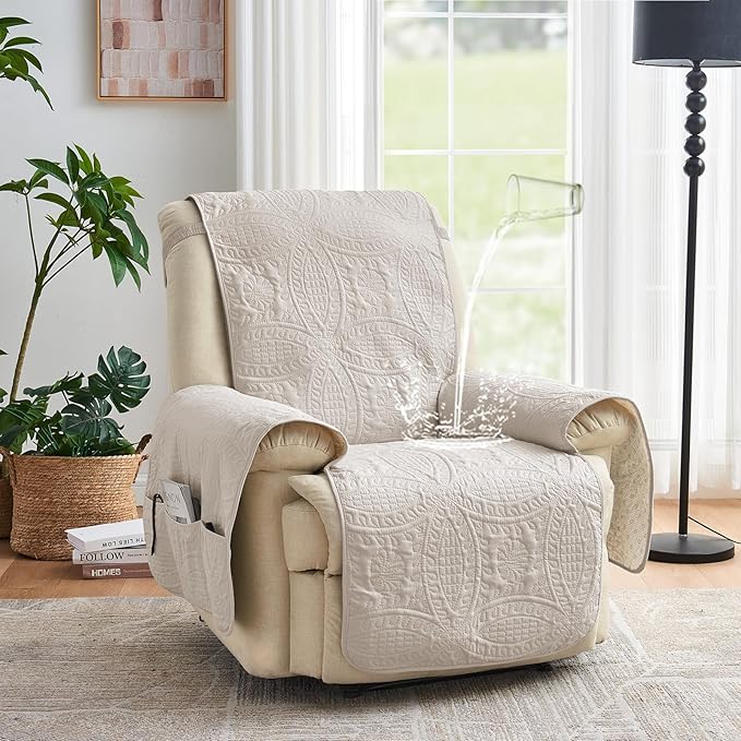 Beige Recliner Chair Covers, Quilted Décor Water-Repellent Medium Lazy Boy Chair Covers, Pet Friendly Recliner Cover for Dogs Cats, Washable Couch Cover (Recliner 26", Beige Cream)