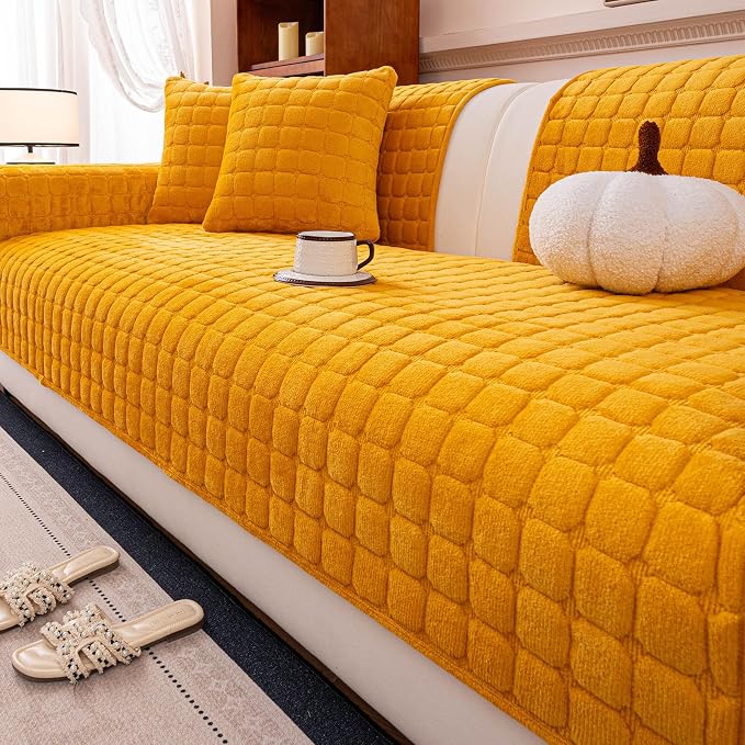 Velvet Couch Cover, Plush Sectional Sofa Cover Washable, Anti Slip Sofa Slipcover for 3-4 Cushions Sofas, Furniture Protector Covers for Pets & Kids(1PC,Mustard Yellow,36"×94")