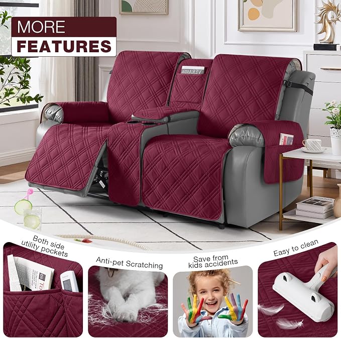 TAOCOCO Waterproof Loveseat Recliner Cover with Console, Non-Slip Reclining Loveseat with Console Cover with Pocket, Split Recliner Sofa Covers Furniture Protector for Pets Dogs(2 Seater, Wine)
