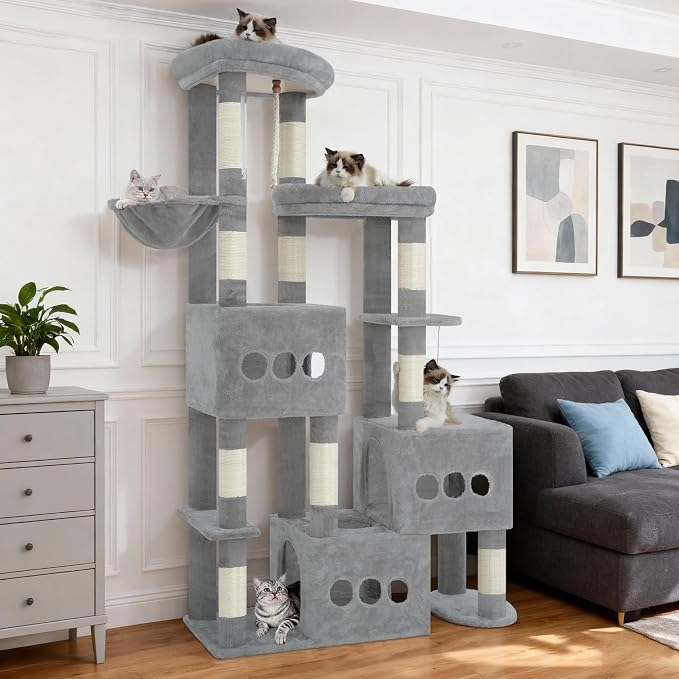 Gitelsnour Sturdy Cat Tree with 3 Large Cat Condos, 3 Platfroms, 71.7'' Cat Tree Tower for Indoor Cats Large Adult, Heavy Duty Cat Tower with 10 Scratching Posts for 20 lbs+Cats, Light Gray GCT036W