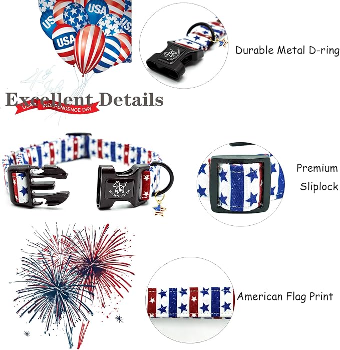 Elegant little tail Independence Dog Collar, 4th of July Holiday Pet Collars Cotton Patriotic Puppy Girl or Boy Soft Pet Gift Adjustable Dog Collar for Small Medium Large Dogs
