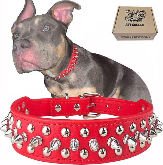 TEEMERRYCA Adjustable Microfiber Leather Spiked Studded Dog Collars with a Squeak Ball Gift for Small Medium Large Pets Like Cats/Pit Bull/Bulldog/Pugs/Husky, Red, S 10.8-13.2 inches