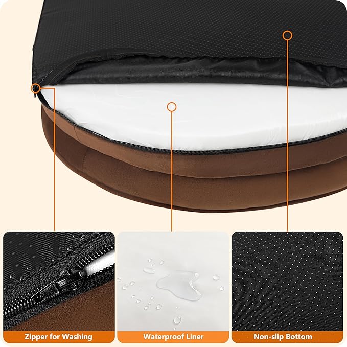 Dwanton Orthopedic Dog Bed for Large Dogs with Gel Memory Foam, Waterproof Dog Sofa, Washable Pet Bed with Four Sided Bolster Cushion, Removable Cover & Non-Slip Bottom, 38", Brown