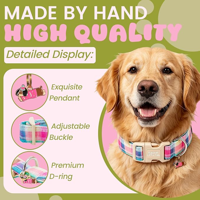Elegant Little Tail Summer Dog Collar, Pink Plaid Pattern Soft Cotton Pet Collars with Sturdy Quick Release Female Adjustable Pet Collar for Small Medium Large Dogs