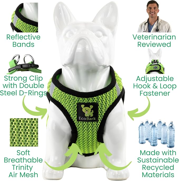 EcoBark Step in Dog Harness - Eco-Friendly Dog Harnesses for for Small & Medium Breed Dogs - Reflective and Adjustable Chest Body Halter Vest -Soft Luxurious Mesh (Neon Green, XL)