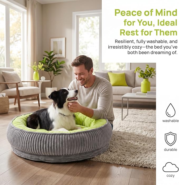 Calming Dog Bed for Small Dogs 18"x20" - Washable Donut Pet Bed with Anti-Slip Bottom, Soft Puppy Bed for Indoor Kittens and Cats with Removable Cover (Lime Green)
