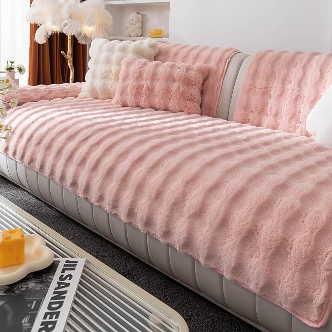 Faux Fur Couch Cover, Soft Warm Plush Sofa Couch Cover, Non Slip Sectional Sofa Slipcovers, Washable Furniture Protector for Kids, Dogs, L Shaped Armrest Backrest Cover(Pink, 36"×36")