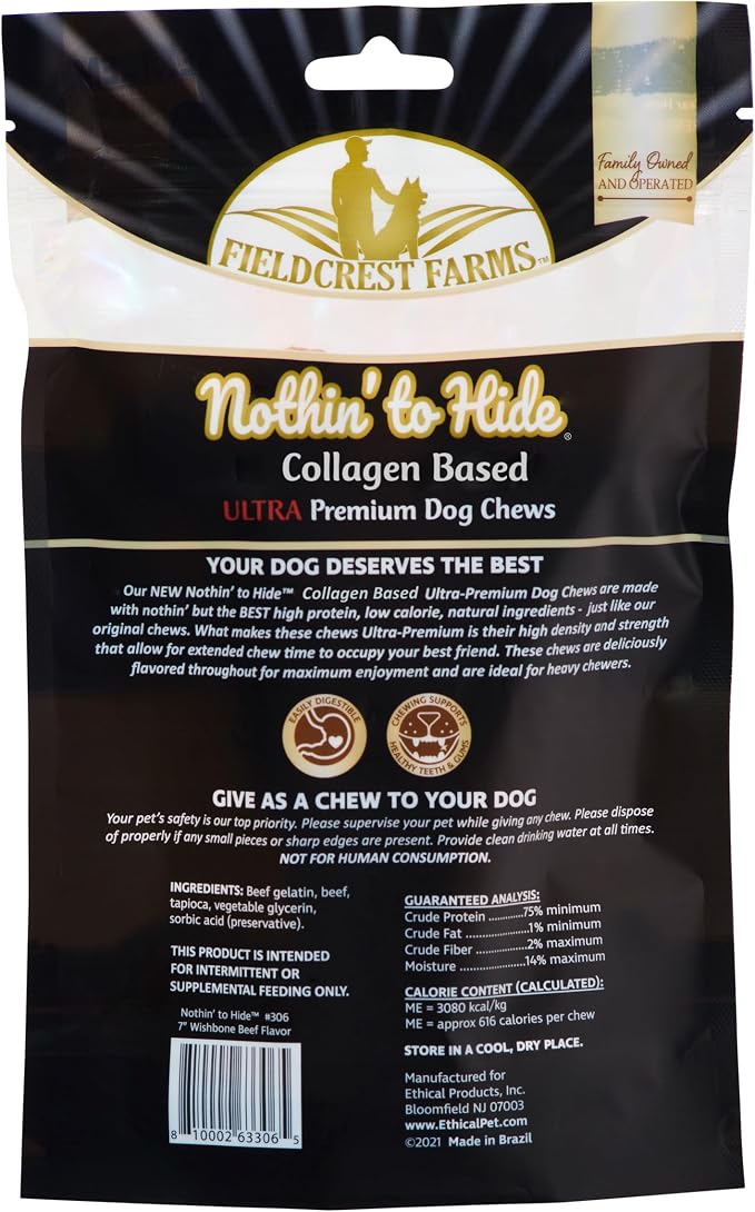 Fieldcrest Farms Nothin' to Hide Collagen-Based Dog Chew, Wishbone, Beef Flavor, Ultra-Premium, for Dogs Over 50lbs, Easily Digestible, Supports Skin, Coat, Joints & Muscles, 7-Inch, 1 Piece