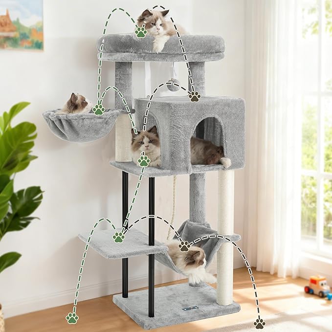 Gitelsnour Cat Tree, Cat Tower for Indoor Cats, 43.3 inch Cat Tree Tower with Sturdy Steel Tube, Cat Hammock, Cat Condo for Small Cats and Kittens, Cat Scratching Post, Light Gray GCT004SW