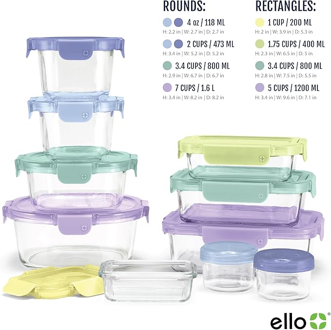 Ello Color Lock 8PC Mixed Glass Food Storage Sets, Leak-Proof Glass Food Storage Containers