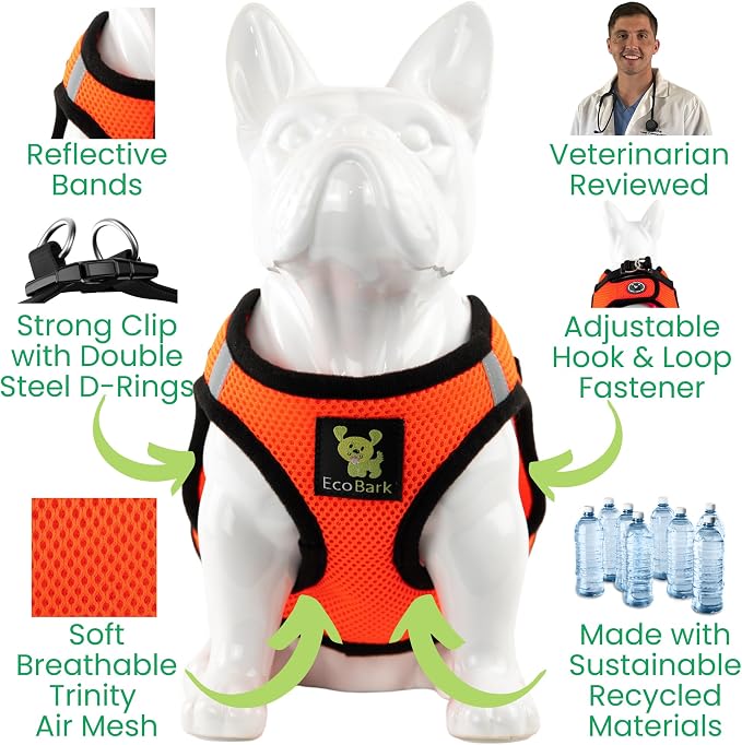 EcoBark Step in Dog Harness -Luxury Soft Dog Harnesses for Dogs Under 26 lbs - Reflective Chest Body Halter Vest (Orange)