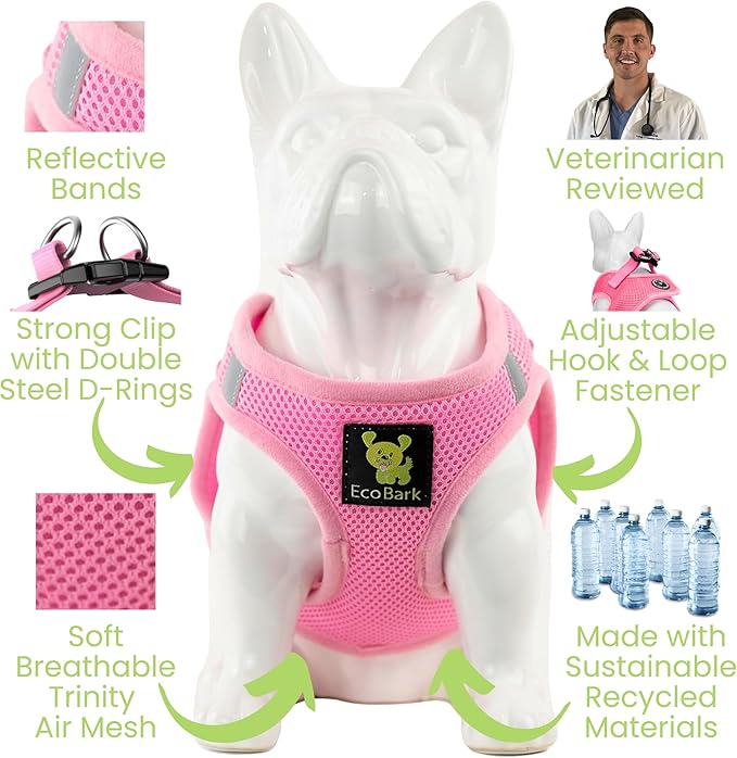 EcoBark Small Dog Harness - Luxury Soft Step in Mesh Harnesses for Puppy & Toy Breed Dogs- Secure Buckle & Reflective Halter Vest for Small Sized Dogs (Sm, Baby Pink)