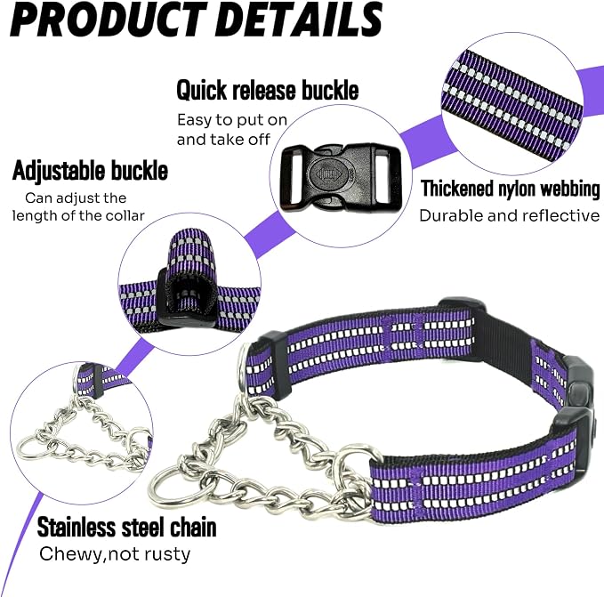 Martingale Dog Collars, Reflective Nylon Collar with Stainless Steel Chain, Adjustable Walking Training Dog Collars with Quick Release Buckle, Suitable for Small Medium Large Dogs(Purple,L)