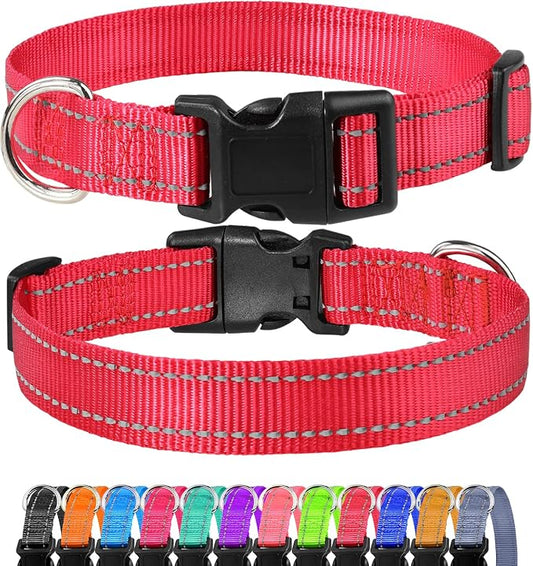 FunTags Length 8" - 12" Reflective Red Dog Collar for Puppy/Extra Small Dogs – Night Walking & Training Safety, Durable Quick Release Buckle, Nylon, Comfortable Adjustable, Width 3/8"