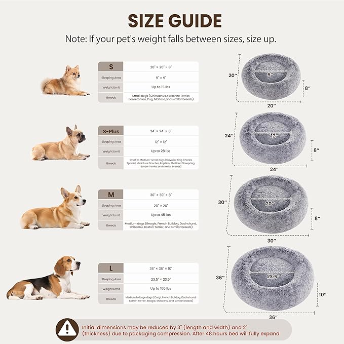 Donut Dog Bed Medium Size Dog 30 Inch, Round Cat Beds for Small Medium Dogs and Cats with Washable Fluffy Faux Fur, Cute Comfort Pet Bed with Anti-Slip Bottom, Grey