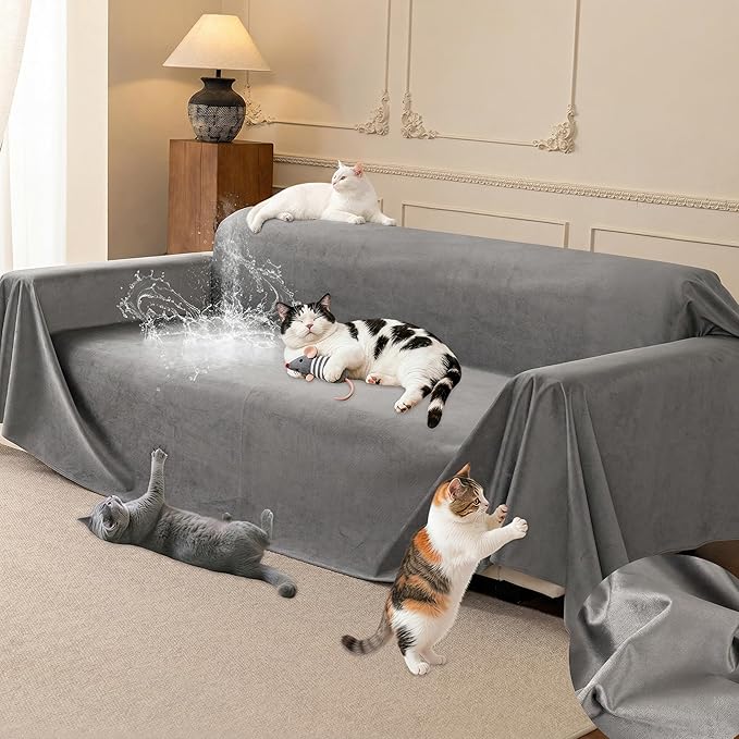 Loiion Velvet Sofa Cover, Ultra Soft Waterproof Non-Slip Couch Cover for Pets, Cat-Scratch Resistant Couch Cover, Pet & Kid Proof Scratch & Hair Resistant Washable Furniture Protector 134"X91" Grey