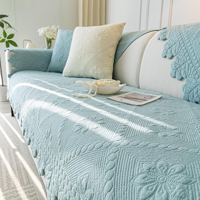 Cotton Quilted Dog Couch Cover for Sofa Farmhouse Rustic Embroidery Sectional Couch Cover Soft Anti-Slip Sofa Slipcover Furniture Protector for Kids, Pets (Blue,43"x43")