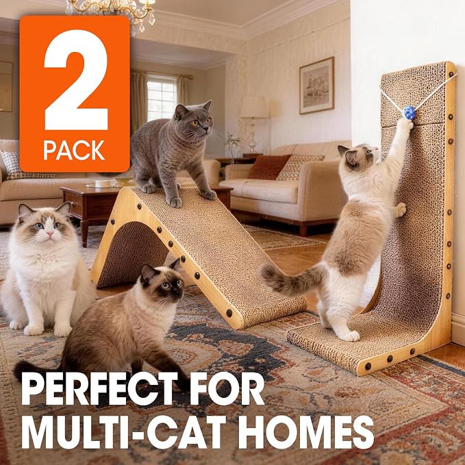 2 Pack Cat Scratcher, 23.6 Inch L Shape Vertical Cat Scratching Board with Ball Toy for Indoor Cats, Large Cat Scratching Post for Wall and Couch