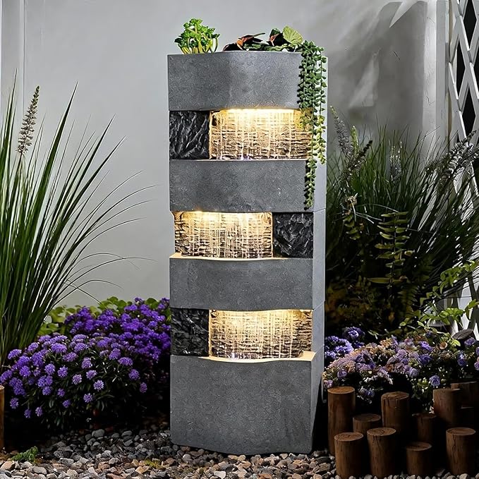 Sunlinua 40.5" H Modern Outdoor Water Fountain with LED Lights – Tall Garden Waterfall Fountain for Patio, Yard, Landscape or Indoor Decor, 4 Tiers Floor Standing Waterfall Outdoor Fountains