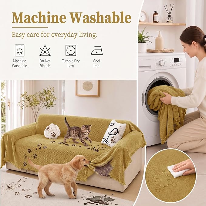 hyha Couch Cover for Dogs, Boho Sofa Covers for 3 Cushion Couch Washable, Chenille Sofa Slipcover for Pets, Soft Loveseat Sectional Couch Throw Blankets with Tassels (Yellow, 88.5x118 Inch)