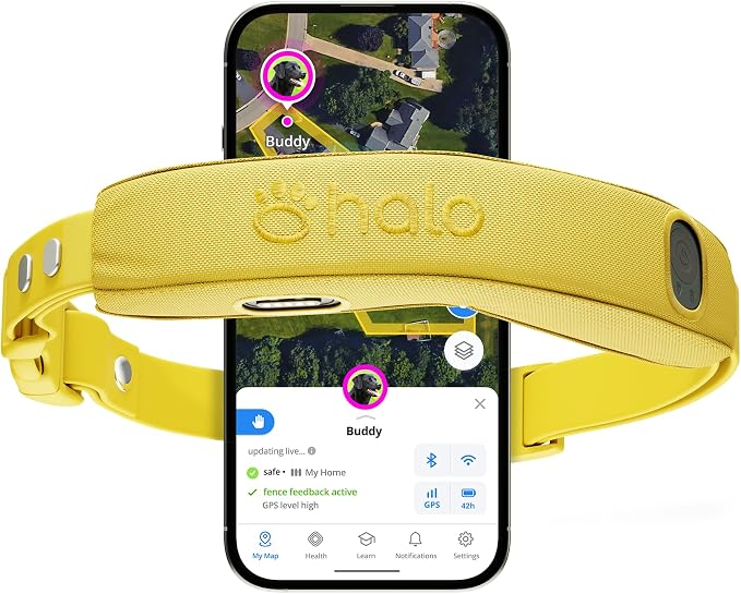 Halo Collar 5 Wireless Dog Fence & GPS Dog Collar, Keep Your Dog Safely Contained Outdoors with App-Controlled Boundaries and Real-Time Tracking, One Size, Sunburst