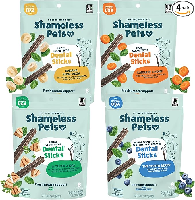 Shameless Pets Dental Chews for Dogs, Variety (4-Pack) - Natural Dog Teeth Cleaning Treats with Fresh Breath Benefits | Grain-Free Dental Sticks for Small, Medium & Large Dogs