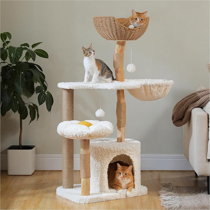 PETEPELA 48.5" Modern Cat Tree for Large Cats, Natural Solid Wood Cat Tower with Big Rattan Basket, Cozy Condo & Flower Cat Tree with Large Hammock for Indoor Cats, Kittens