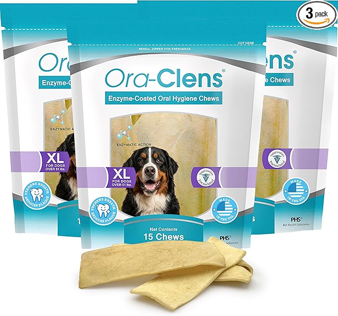 Oral Hygiene Chews for X-Large Dogs – Enzymatic Dental Treats for Daily Oral Care, Helps Clean Teeth & Freshen Breath, Supports Plaque & Tartar Control – 15 Chews (3 Pack)