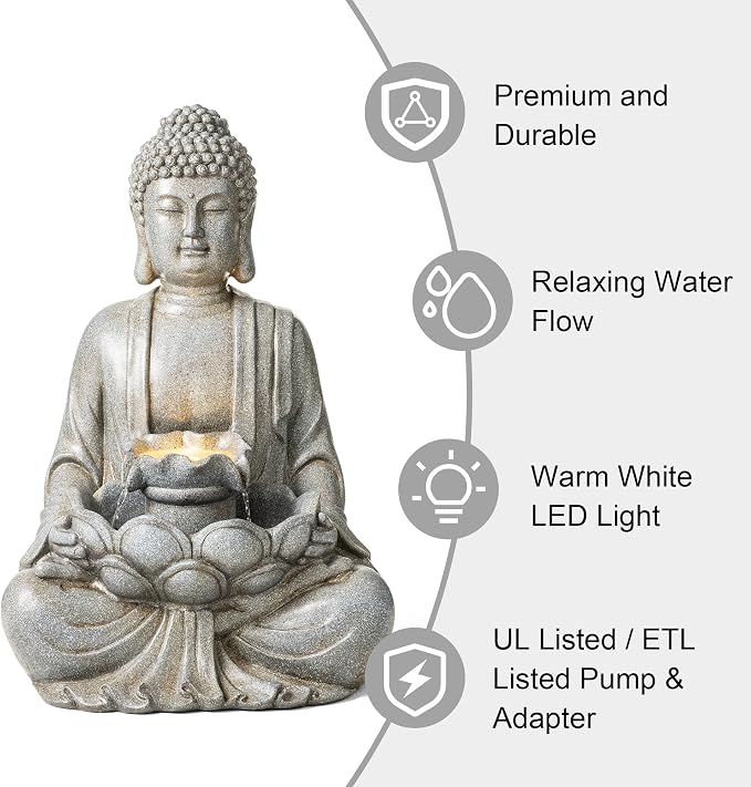 Glitzhome Buddha Outdoor Water Fountain with Lights and Pump, 28.25" H Zen Style Outdoor Fountain Concrete Meditating Buddha Statue Polyresin Garden Fountain Waterfall for Patio, Porch, or Yard Decor