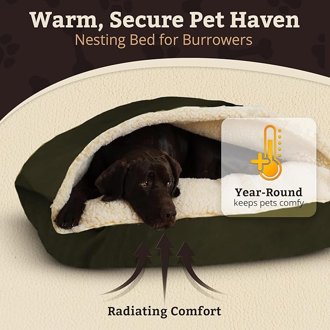 Snoozer Rectangle Cozy Cave Dog Bed - Indoor Dog Bed with Cover Cave, Covered Calming Burrow for Small & Medium Sized Pets with Blanket Attached, Enclosed, Washable Cover - Medium, Olive
