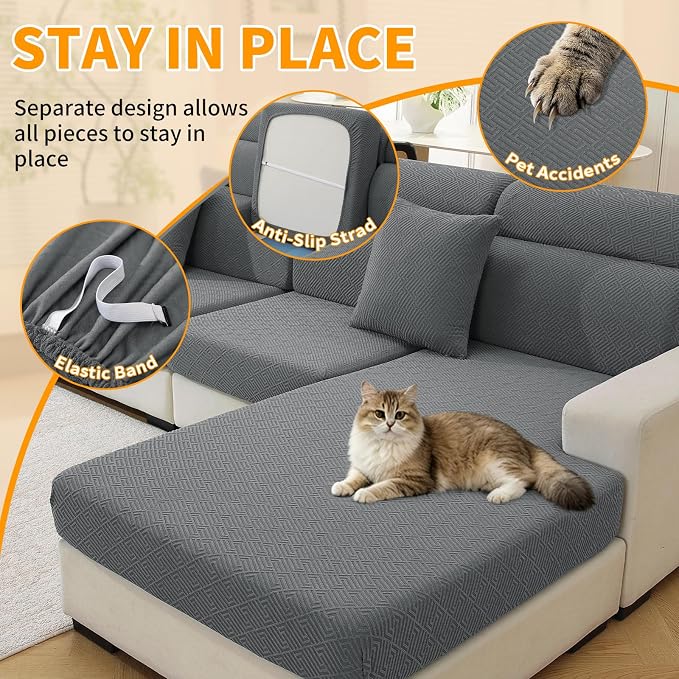 XINEAGE Large Couch Cushion Covers Seat Cushion Cover Thick Stretch Sofa Slipcovers 3 Piece Individual Couch Covers with Elastic Bottom(3 XL Seat Cushion/Backrest,Light Gray)